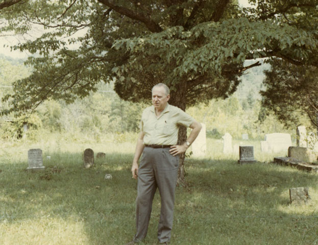 Dr. Bowen at Pleasant Valley Cemetery, later know as Page Cemetery for Page Farm, 1969. Photographer unknown.